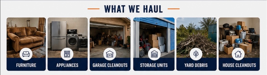 What we haul: furniture, appliances, garage cleanouts, storage units, yard debris and house cleanouts